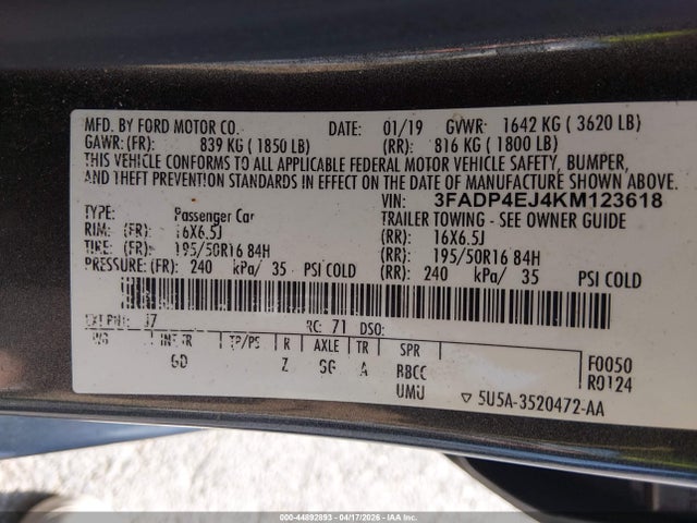 Продаж на аукціоні авто 2019 Ford Fiesta Se, vin: 3FADP4EJ4KM123618, номер лоту: 44892893
