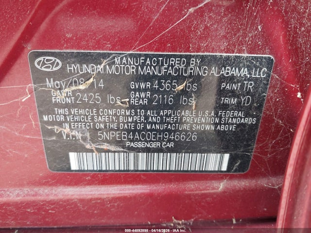 Hyundai SONATA GLS 2014 5NPEB4AC0EH946626 Image 9