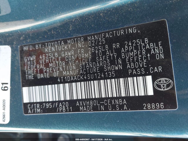 2025 Toyota Camry Le მანქანა იყიდება აუქციონზე, vin: 4T1DAACK4SU124135, აუქციონის ნომერი: 44892907