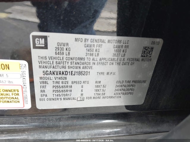 44892916 :رقم المزاد ، 5GAKVAKD1EJ186201 vin ، 2014 Buick Enclave Convenience مزاد بيع