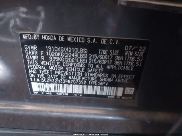 3CZRZ2H33PM707392 Honda Hr-v Awd Lx