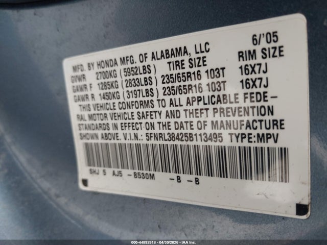 44892918 :رقم المزاد ، 5FNRL38425B113495 vin ، 2005 Honda Odyssey Ex مزاد بيع