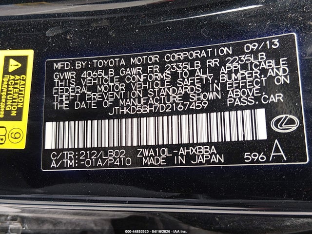 Продаж на аукціоні авто 2013 Lexus Ct 200h, vin: JTHKD5BH7D2167459, номер лоту: 44892920