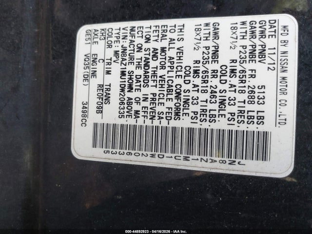 2013 NISSAN MURANO JN8AZ1MU1DW206335 Photo 8