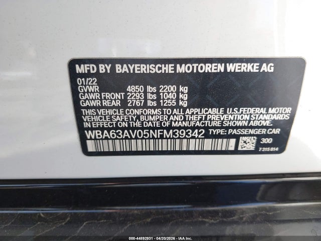 2022 Bmw 430i Gran Coupe მანქანა იყიდება აუქციონზე, vin: WBA63AV05NFM39342, აუქციონის ნომერი: 44892931