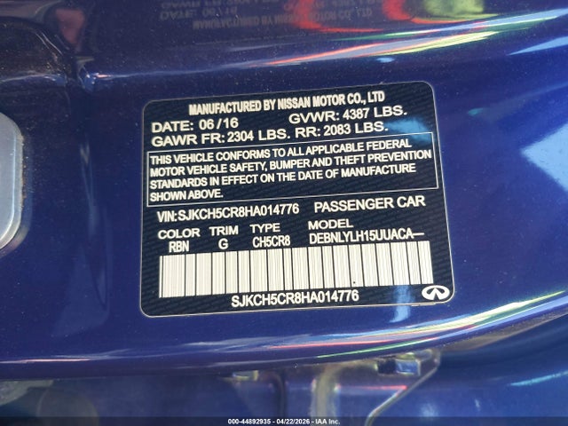 44892935 :رقم المزاد ، SJKCH5CR8HA014776 vin ، 2017 Infiniti Qx30 Premium مزاد بيع