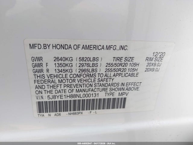 5J8YE1H88NL000131 Acura Mdx Advance Package