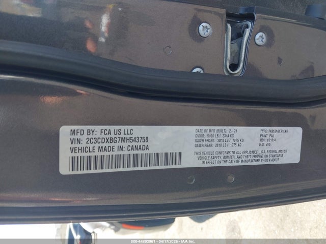 44892961 :رقم المزاد ، 2C3CDXBG7MH543758 vin ، 2021 Dodge Charger Sxt Rwd مزاد بيع