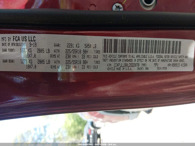 44892962 :رقم المزاد ، 1C4PJLLB0LD522070 vin ، 2020 Jeep Cherokee Altitude Fwd مزاد بيع