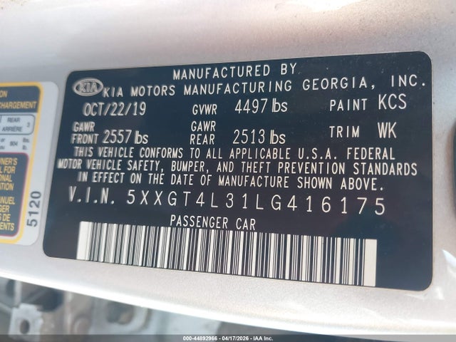 KIA Optima Lx 2020 5XXGT4L31LG416175 Image 9