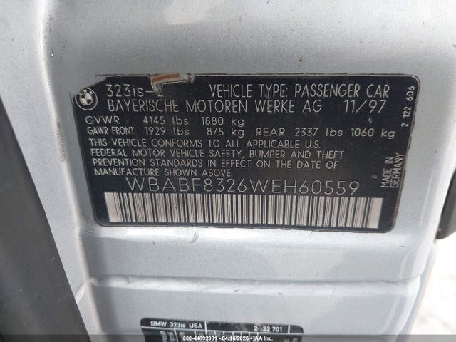 Продаж на аукціоні авто 1998 Bmw 323is, vin: WBABF8326WEH60559, номер лоту: 44892981