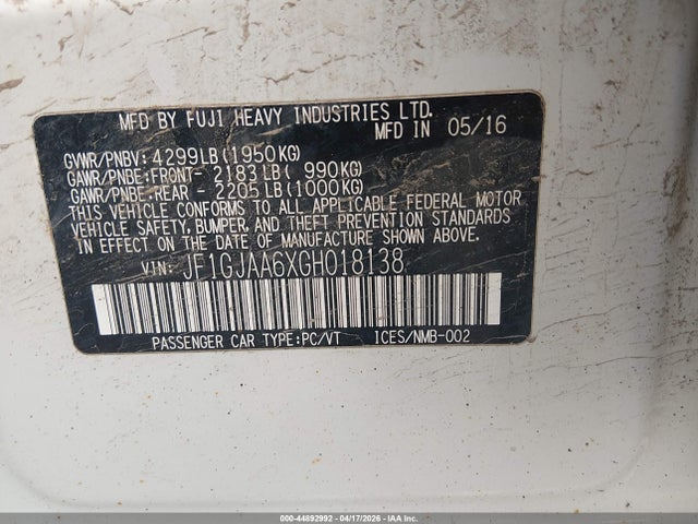 Aukcja sprzedaży 2016 Subaru Impreza 2.0i, vin: JF1GJAA6XGH018138, numer aukcji: 44892992