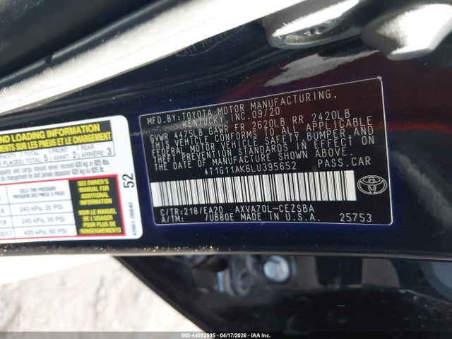 4T1G11AK6LU395652 Toyota CAMRY SE