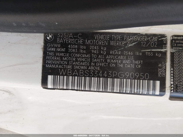 Продаж на аукціоні авто 2003 Bmw 325ci, vin: WBABS33443PG90950, номер лоту: 44892994