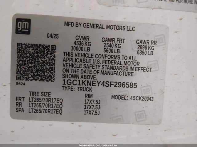 1GC1KNEY4SF296585 Chevrolet Silverado 2500hd 4wd Long Bed Lt