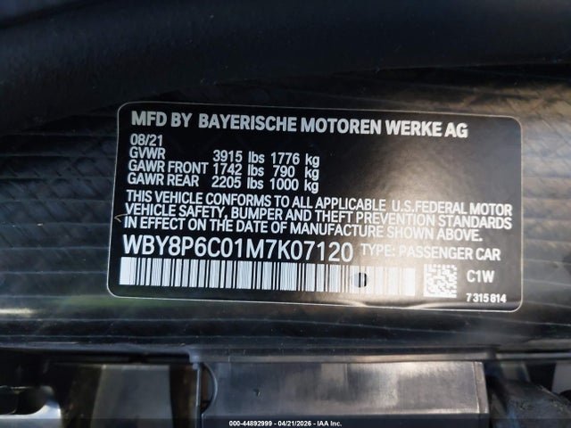 44892999 :رقم المزاد ، WBY8P6C01M7K07120 vin ، 2021 Bmw I3s 120ah مزاد بيع