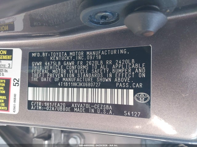 4T1B11HK3KU680727 Toyota CAMRY SE