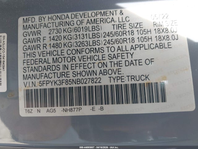 5FPYK3F85NB027822 Honda Ridgeline Black Edition