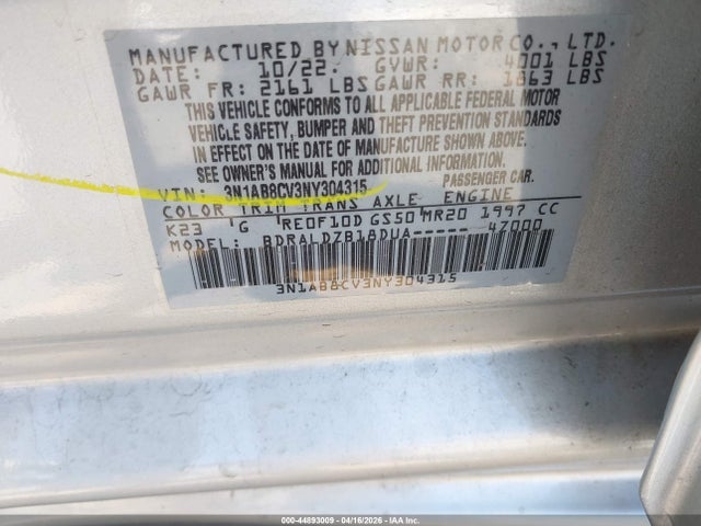 3N1AB8CV3NY304315 Nissan Sentra Sv Xtronic Cvt