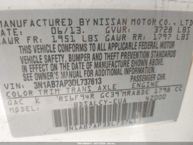 Продаж на аукціоні авто 2013 Nissan Sentra S, vin: 3N1AB7AP3DL737613, номер лоту: 44893011