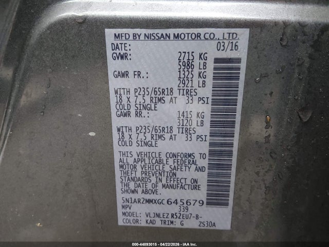 Aukcja sprzedaży 2016 Nissan Pathfinder Sv, vin: 5N1AR2MMXGC645679, numer aukcji: 44893015