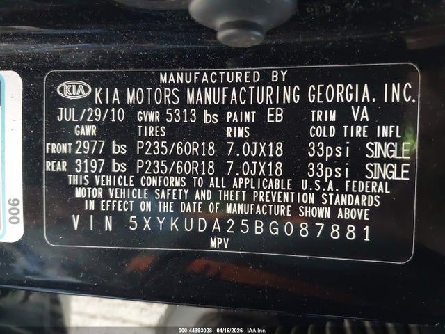 Продаж на аукціоні авто 2011 Kia Sorento Ex V6, vin: 5XYKUDA25BG087881, номер лоту: 44893028
