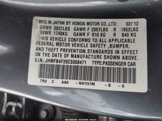 Aukcja sprzedaży 2012 Honda Civic Hybrid, vin: JHMFB4F26CS008471, numer aukcji: 44893029