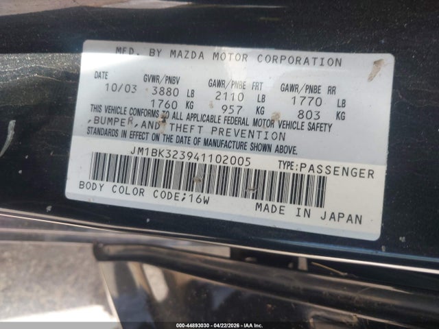 Продаж на аукціоні авто 2004 Mazda Mazda3 S, vin: JM1BK323941102005, номер лоту: 44893030