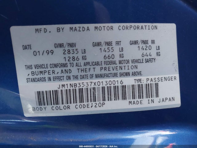 44893031 :رقم المزاد ، JM1NB3537X0130016 vin ، 1999 Mazda Mx-5 Miata Leather Pkg/popular Equipment Pkg/sports Pkg/touring Pkg مزاد بيع