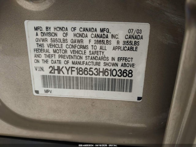 Aukcja sprzedaży 2003 Honda Pilot Ex-l, vin: 2HKYF18653H610368, numer aukcji: 44893034
