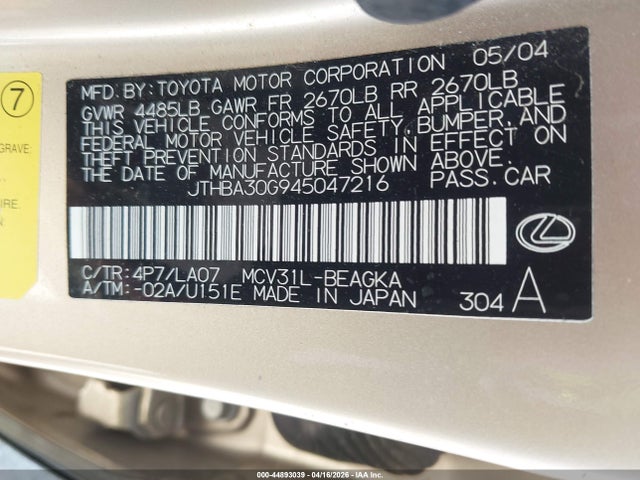 44893039 :رقم المزاد ، JTHBA30G945047216 vin ، 2004 Lexus Es 330 مزاد بيع