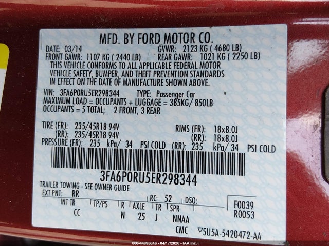 3FA6P0RU5ER298344 Ford Fusion Hybrid Titanium