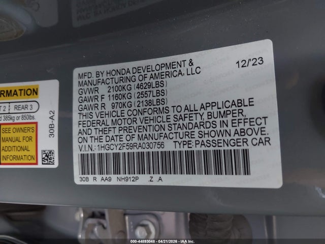 2024 Honda Accord Hybrid Sport მანქანა იყიდება აუქციონზე, vin: 1HGCY2F59RA030756, აუქციონის ნომერი: 44893048