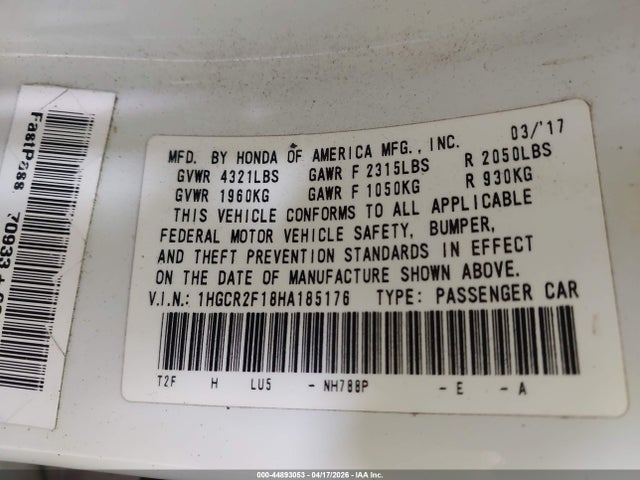 2017 Honda Accord Sport Se მანქანა იყიდება აუქციონზე, vin: 1HGCR2F18HA185176, აუქციონის ნომერი: 44893053