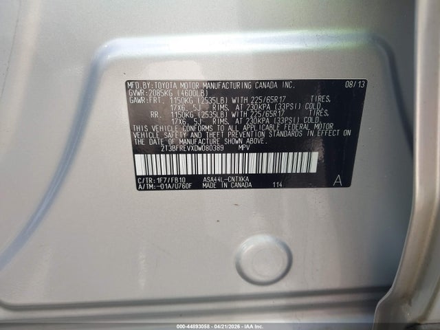 2013 Toyota Rav4 Le მანქანა იყიდება აუქციონზე, vin: 2T3BFREVXDW080389, აუქციონის ნომერი: 44893058
