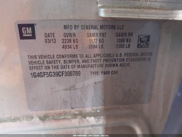 2012 Buick Lacrosse Premium 2 Group მანქანა იყიდება აუქციონზე, vin: 1G4GF5G39CF308789, აუქციონის ნომერი: 44893064