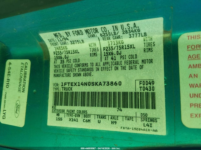 Продаж на аукціоні авто 1995 Ford F150, vin: 1FTEX14N0SKA73860, номер лоту: 44893067
