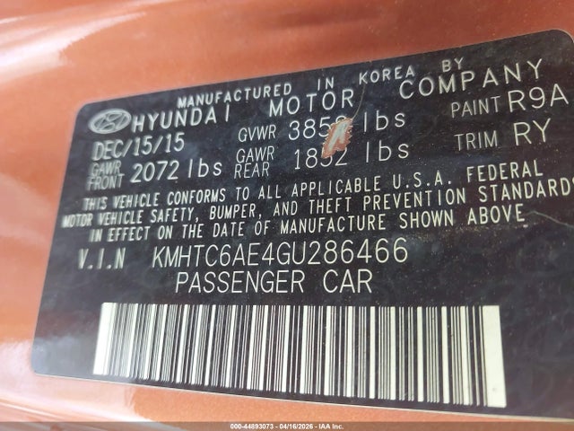 Продаж на аукціоні авто 2016 Hyundai Veloster Turbo, vin: KMHTC6AE4GU286466, номер лоту: 44893073