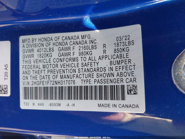 Honda CIVIC EX 2022 2HGFE1F72NH317076 Image 9