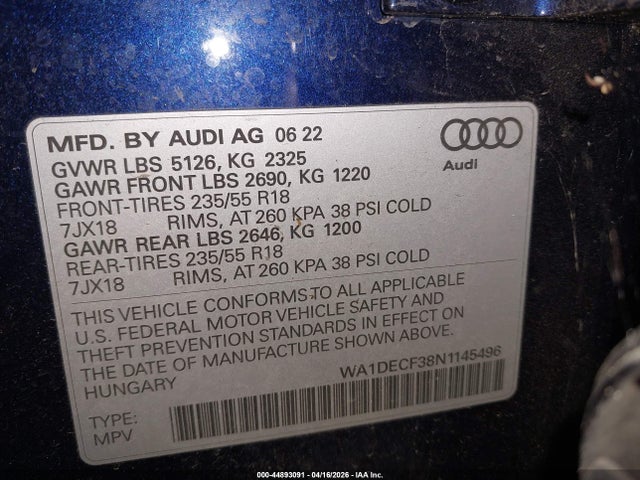 Aukcja sprzedaży 2022 Audi Q3 Premium 45 Tfsi S Line Quattro Tiptronic, vin: WA1DECF38N1145496, numer aukcji: 44893091