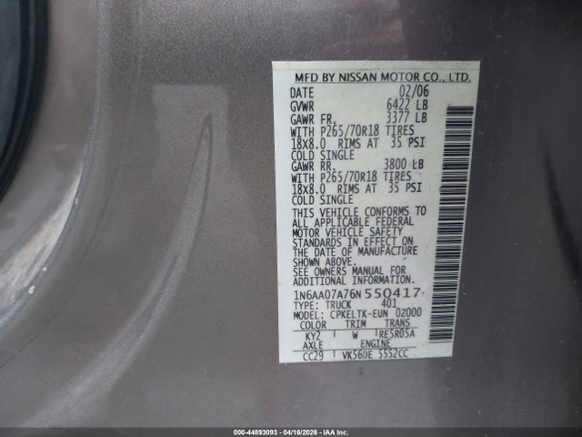Продажа на аукционе авто 2006 Nissan Titan Se, vin: 1N6AA07A76N550417, номер лота: 44893093