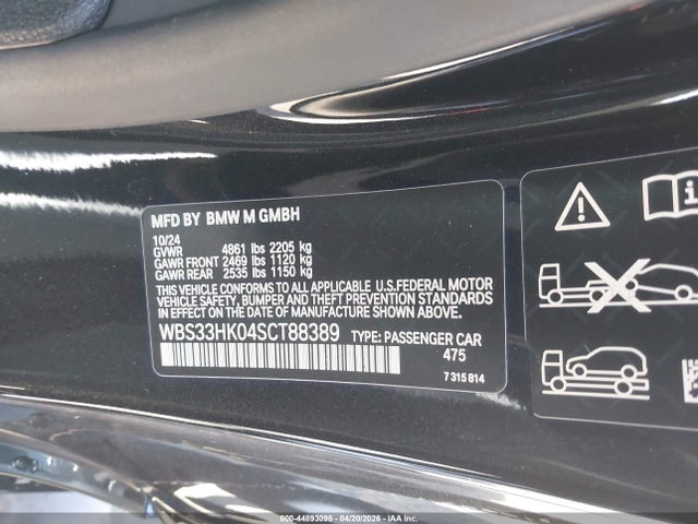 2025 Bmw M4 Competition Xdrive მანქანა იყიდება აუქციონზე, vin: WBS33HK04SCT88389, აუქციონის ნომერი: 44893095