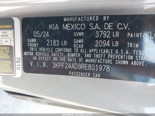 Aukcja sprzedaży 2024 Kia Forte Lxs, vin: 3KPF24AD9RE801978, numer aukcji: 44893104