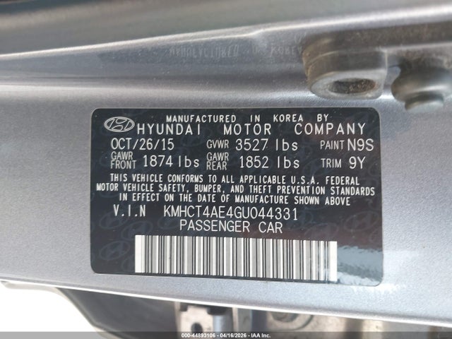 Продажа на аукционе авто 2016 Hyundai Accent Se, vin: KMHCT4AE4GU044331, номер лота: 44893106