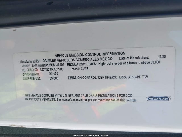 3AKJHHDR1MSMU8401 Freightliner New Cascadia 126