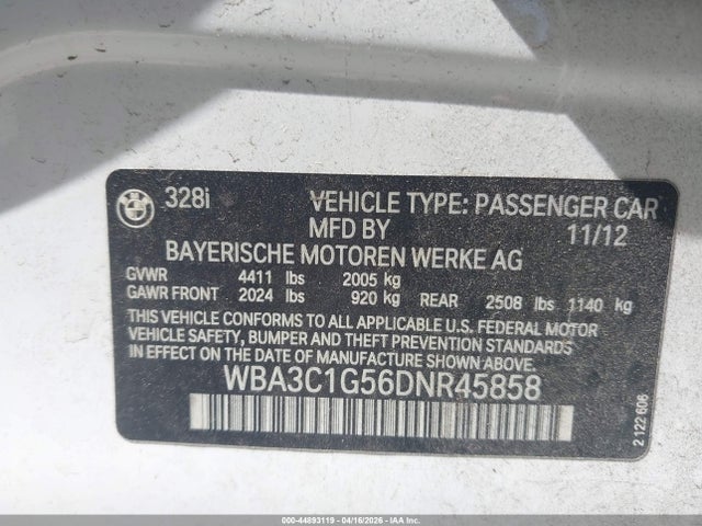 44893119 :رقم المزاد ، WBA3C1G56DNR45858 vin ، 2013 Bmw 328i مزاد بيع