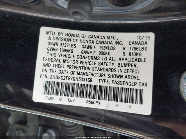 Auction sale of the 2016 Honda Civic Ex, vin: 2HGFC2F87GH503168, lot number: 44893129