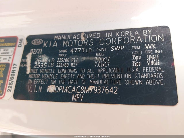 44893141 :رقم المزاد ، KNDPMCAC8M7937642 vin ، 2021 Kia Sportage Lx مزاد بيع