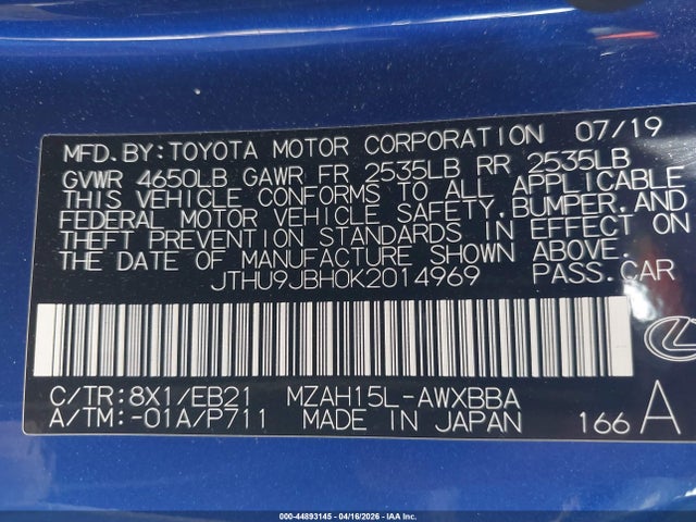 44893145 :رقم المزاد ، JTHU9JBH0K2014969 vin ، 2019 Lexus Ux 250h F Sport مزاد بيع