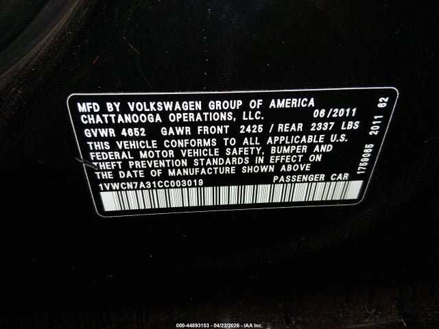 Aukcja sprzedaży 2012 Volkswagen Passat 2.0l Tdi Sel Premium, vin: 1VWCN7A31CC003019, numer aukcji: 44893153